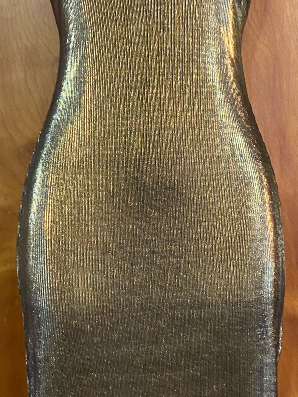 NWOT “BooHoo Night” party slip dress, metallic gold over black ribbed stretch, 4 - Picture 3 of 10
